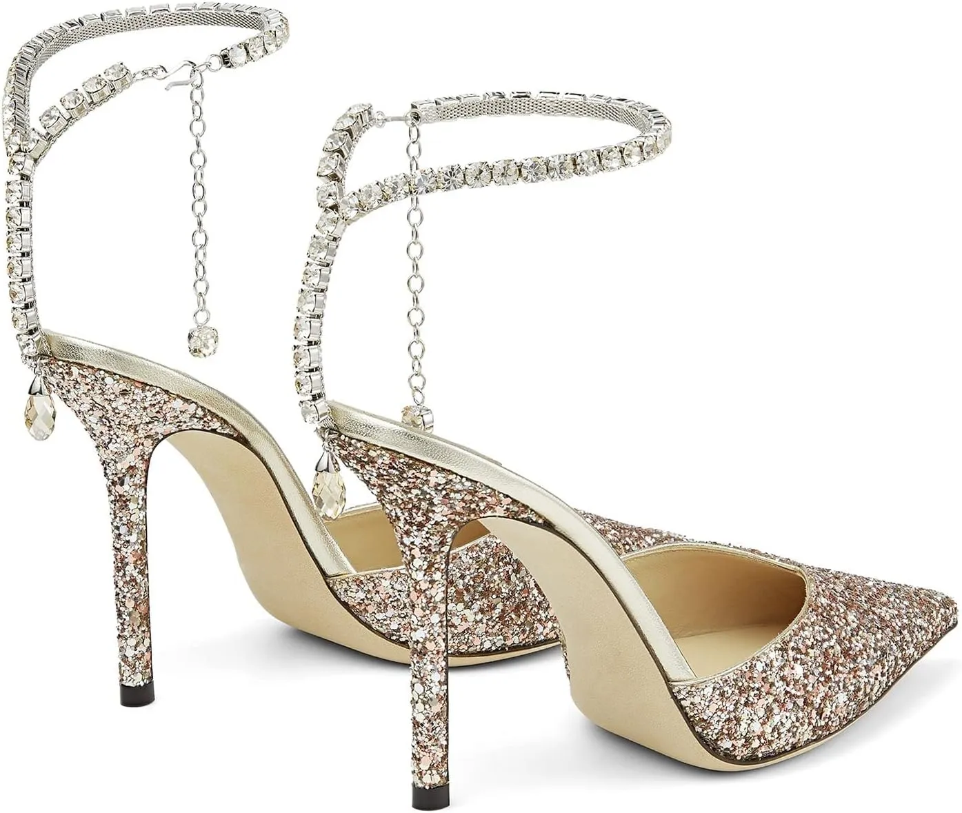 Women's Heeled Sandals Crystal Chain Rhinestone Embellished Strap Pumps Pointy Stilettos Backless Wedding Dressy Bridal Shoes