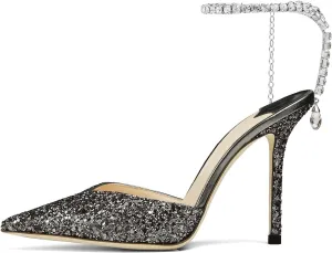 Women's Heeled Sandals Crystal Chain Rhinestone Embellished Strap Pumps Pointy Stilettos Backless Wedding Dressy Bridal Shoes