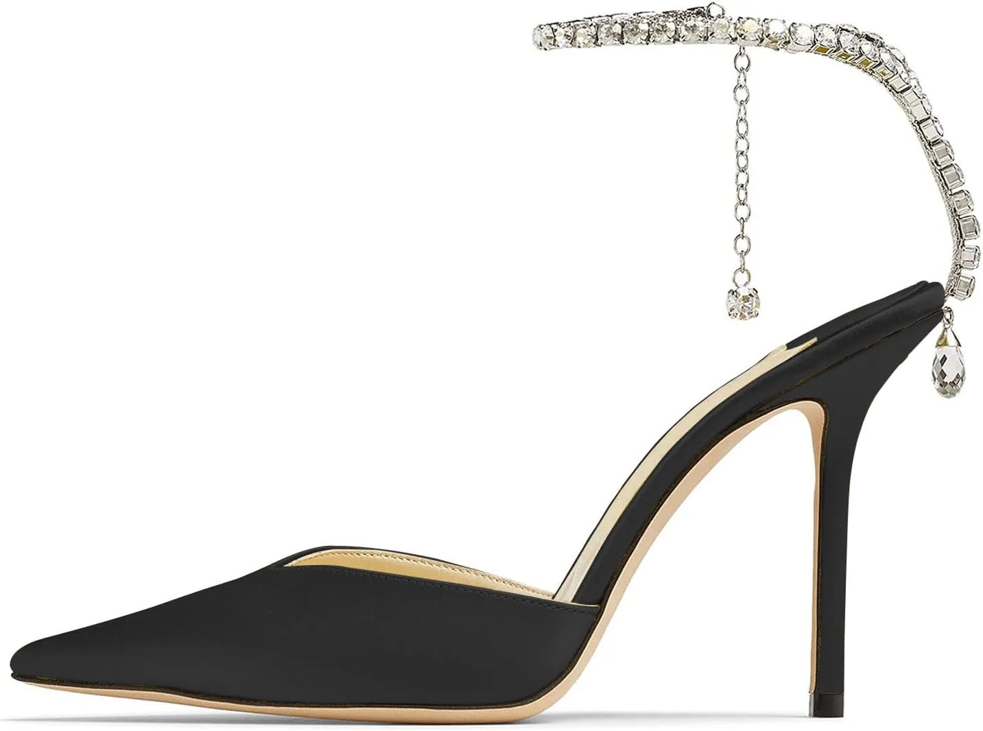 Women's Heeled Sandals Crystal Chain Rhinestone Embellished Strap Pumps Pointy Stilettos Backless Wedding Dressy Bridal Shoes