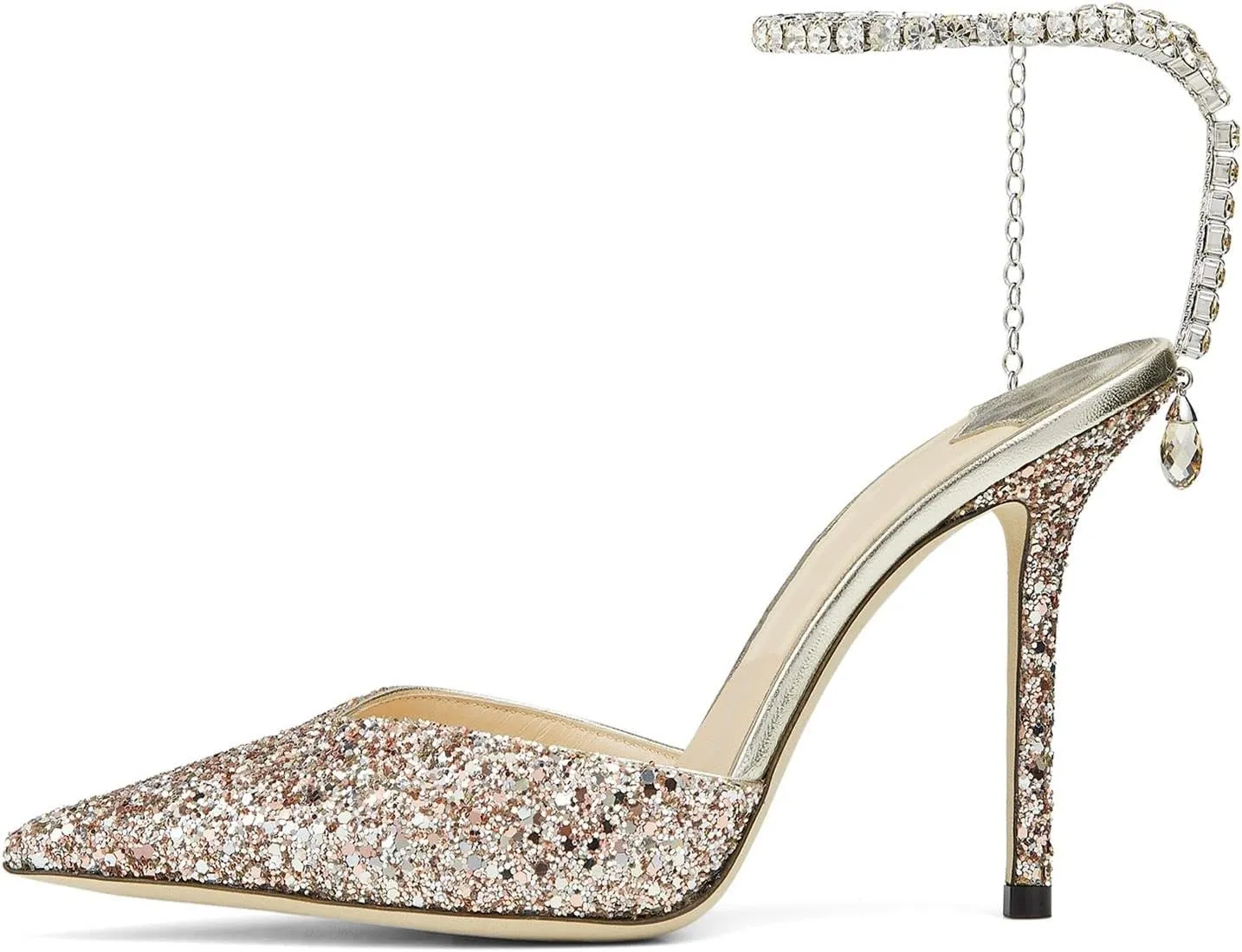 Women's Heeled Sandals Crystal Chain Rhinestone Embellished Strap Pumps Pointy Stilettos Backless Wedding Dressy Bridal Shoes