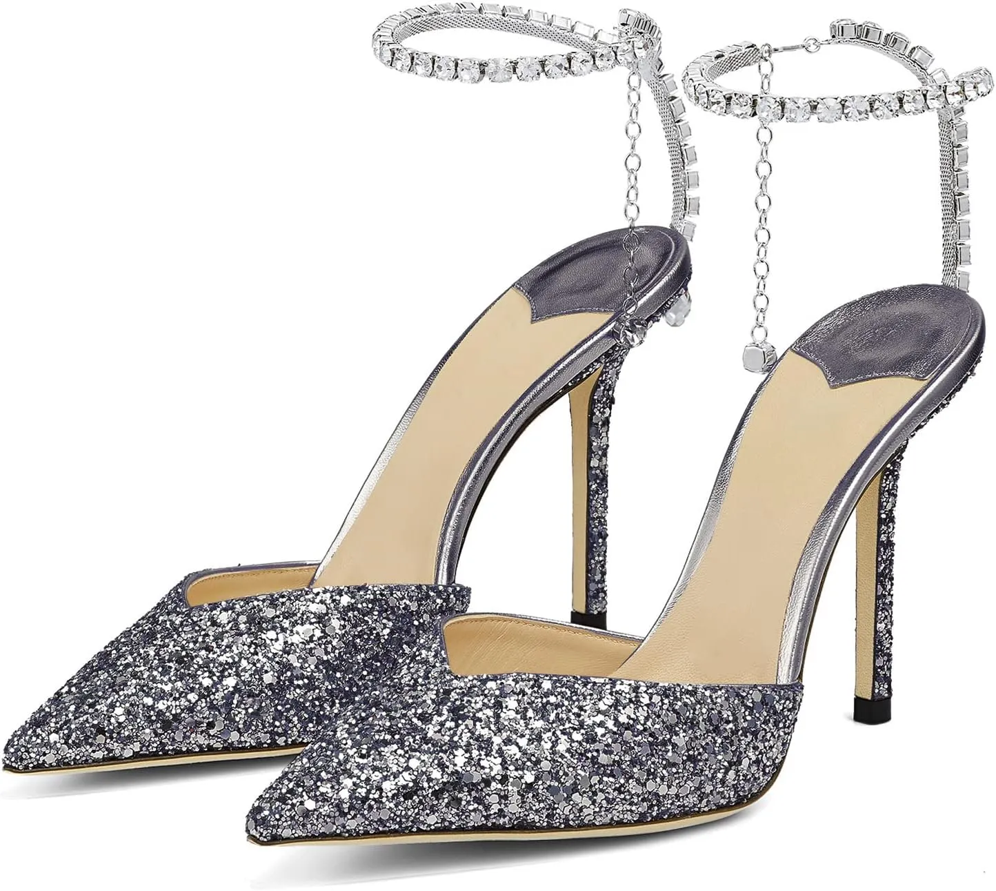 Women's Heeled Sandals Crystal Chain Rhinestone Embellished Strap Pumps Pointy Stilettos Backless Wedding Dressy Bridal Shoes