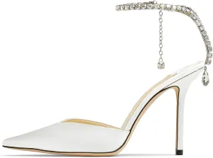 Women's Heeled Sandals Crystal Chain Rhinestone Embellished Strap Pumps Pointy Stilettos Backless Wedding Dressy Bridal Shoes