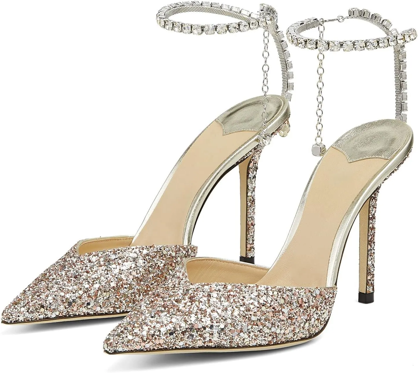 Women's Heeled Sandals Crystal Chain Rhinestone Embellished Strap Pumps Pointy Stilettos Backless Wedding Dressy Bridal Shoes