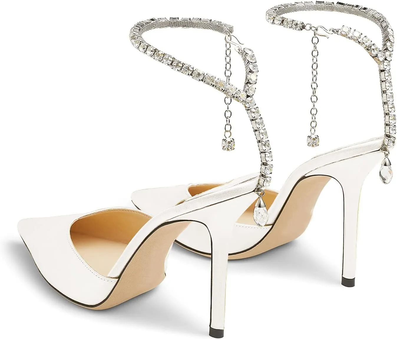 Women's Heeled Sandals Crystal Chain Rhinestone Embellished Strap Pumps Pointy Stilettos Backless Wedding Dressy Bridal Shoes