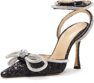 Women's Heeled Sandals Pointed Toe Crystal Heart Glitter Pumps Rhinestones Embellished Ankle Strap Slip-On Stilettos Wedding Party Dress Shoes