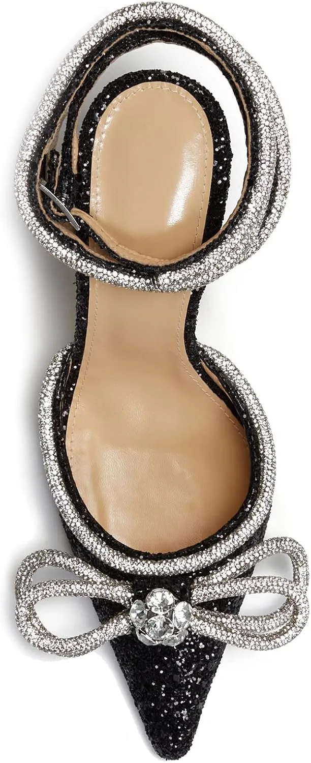 Women's Heeled Sandals Pointed Toe Crystal Heart Glitter Pumps Rhinestones Embellished Ankle Strap Slip-On Stilettos Wedding Party Dress Shoes