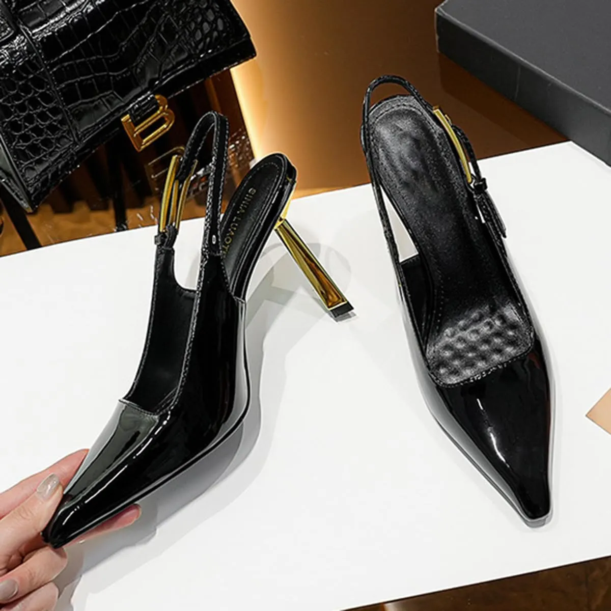 Women's High Heel Sandals Patent leather Needle Buckle Shallow Mouth Sexy Fashion Banquet Shoes