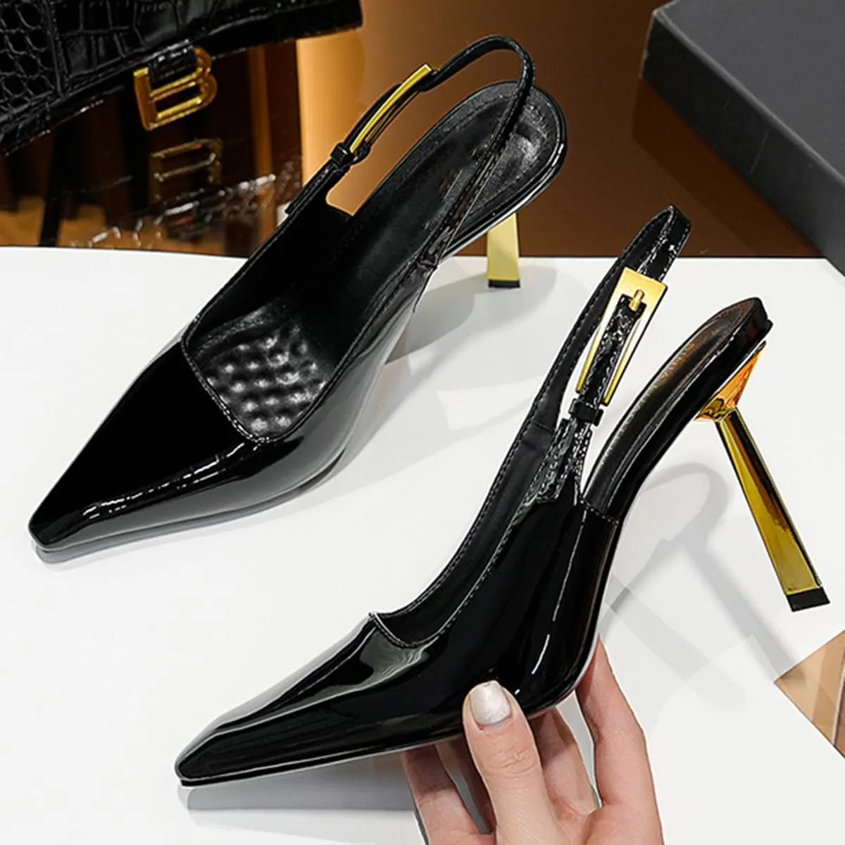 Women's High Heel Sandals Patent leather Needle Buckle Shallow Mouth Sexy Fashion Banquet Shoes