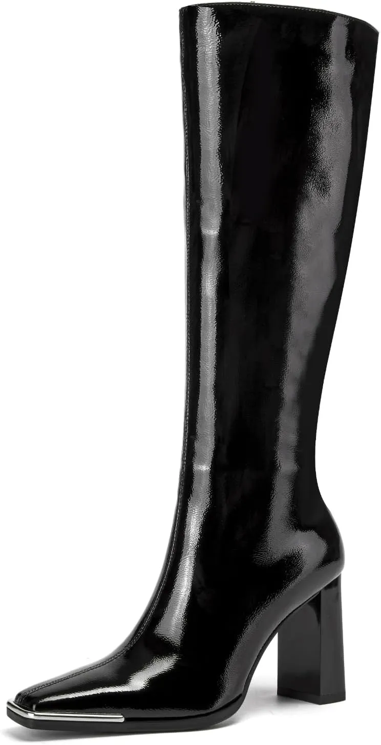 Women's Knee High Boots Square Toe High Heel Side Zipper Boots for Women Patent Leather Chunky Long Boots