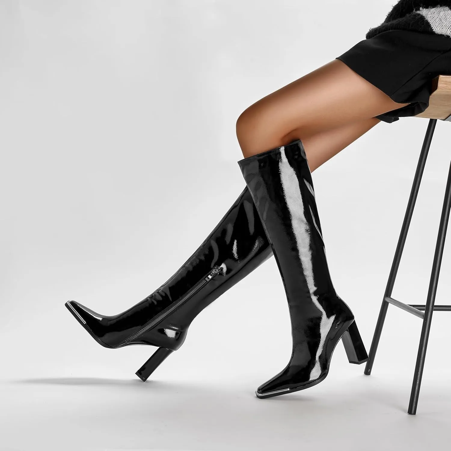 Women's Knee High Boots Square Toe High Heel Side Zipper Boots for Women Patent Leather Chunky Long Boots