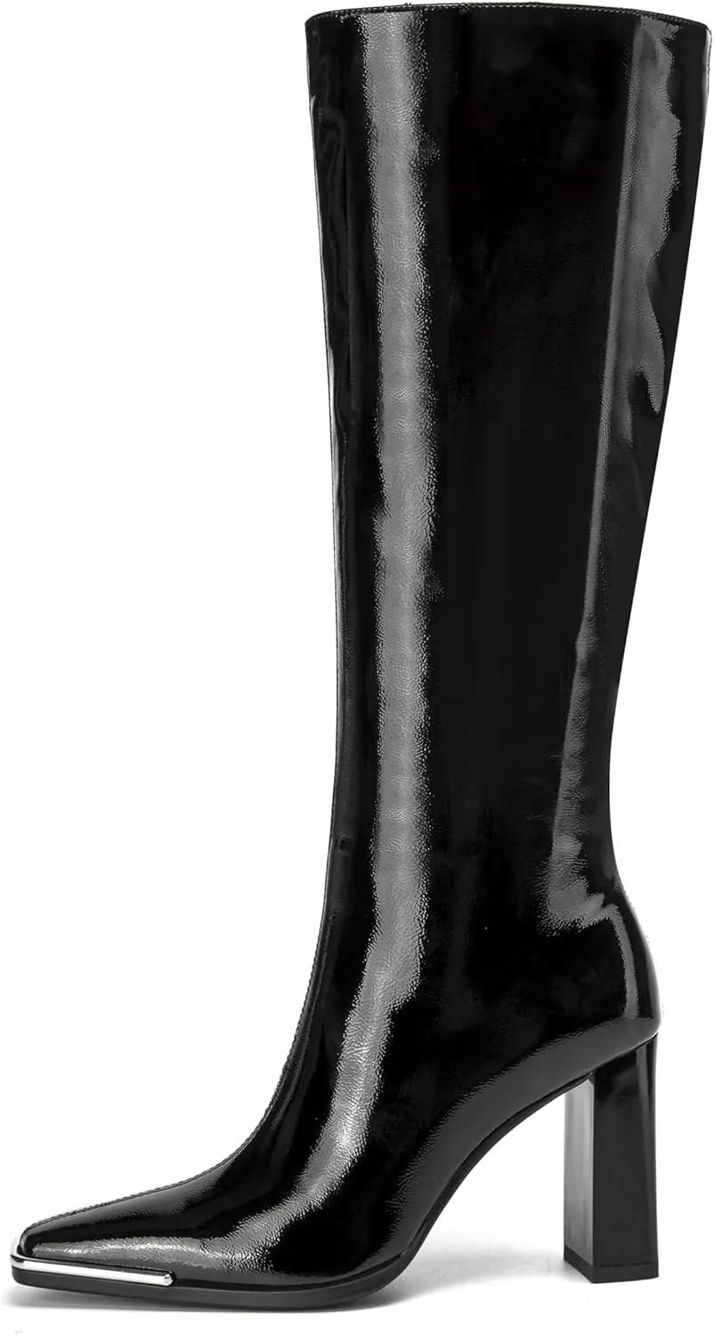 Women's Knee High Boots Square Toe High Heel Side Zipper Boots for Women Patent Leather Chunky Long Boots