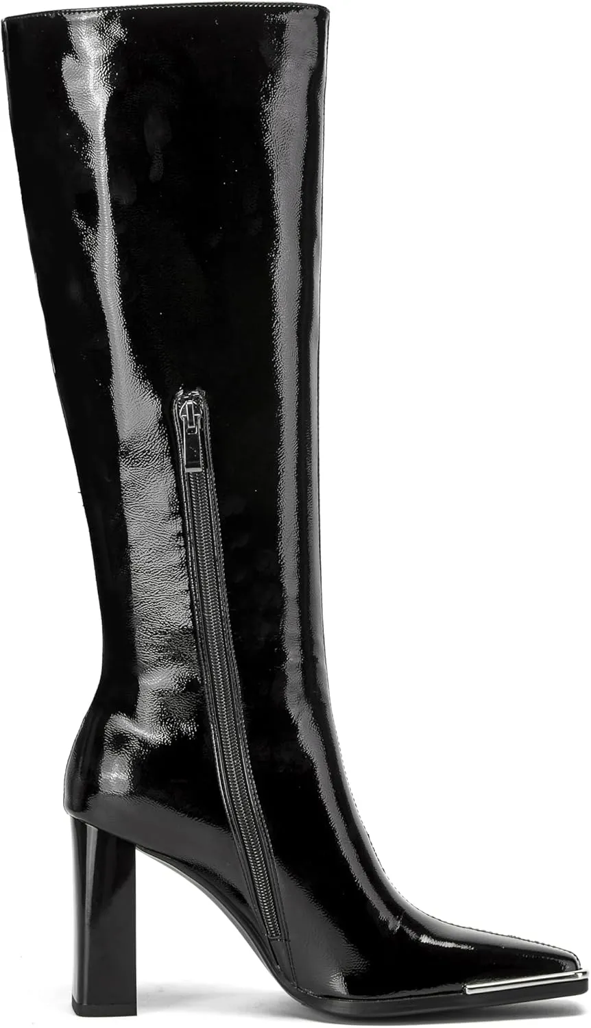 Women's Knee High Boots Square Toe High Heel Side Zipper Boots for Women Patent Leather Chunky Long Boots