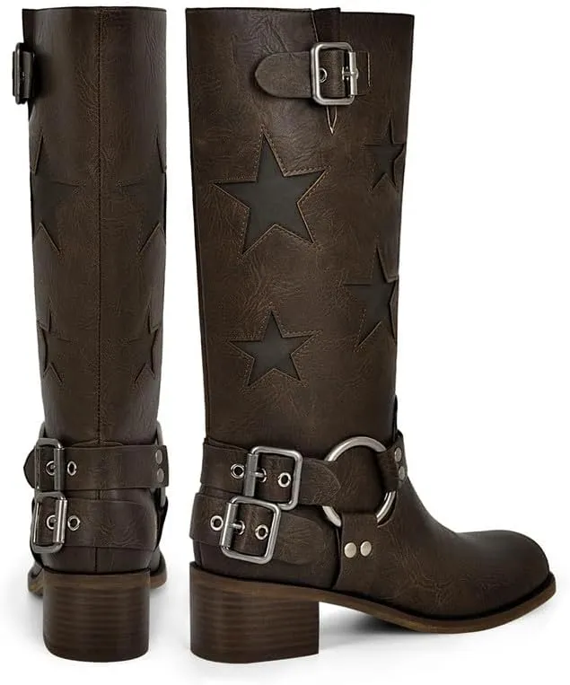 Women's Knee High Riding Boots Square Toe Chunky Block Heel Fashion Buckle Motocycle Biker Boots with Stars