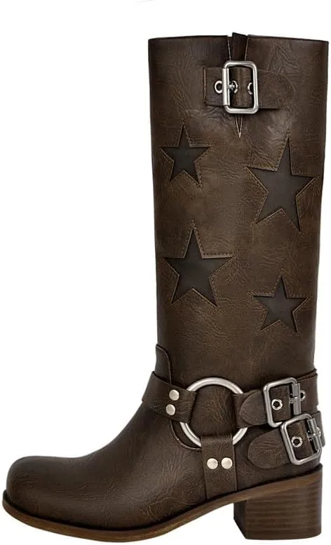 Women's Knee High Riding Boots Square Toe Chunky Block Heel Fashion Buckle Motocycle Biker Boots with Stars
