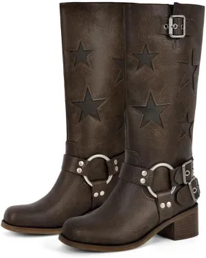 Women's Knee High Riding Boots Square Toe Chunky Block Heel Fashion Buckle Motocycle Biker Boots with Stars