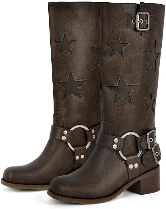 Women's Knee High Riding Boots Square Toe Chunky Block Heel Fashion Buckle Motocycle Biker Boots with Stars