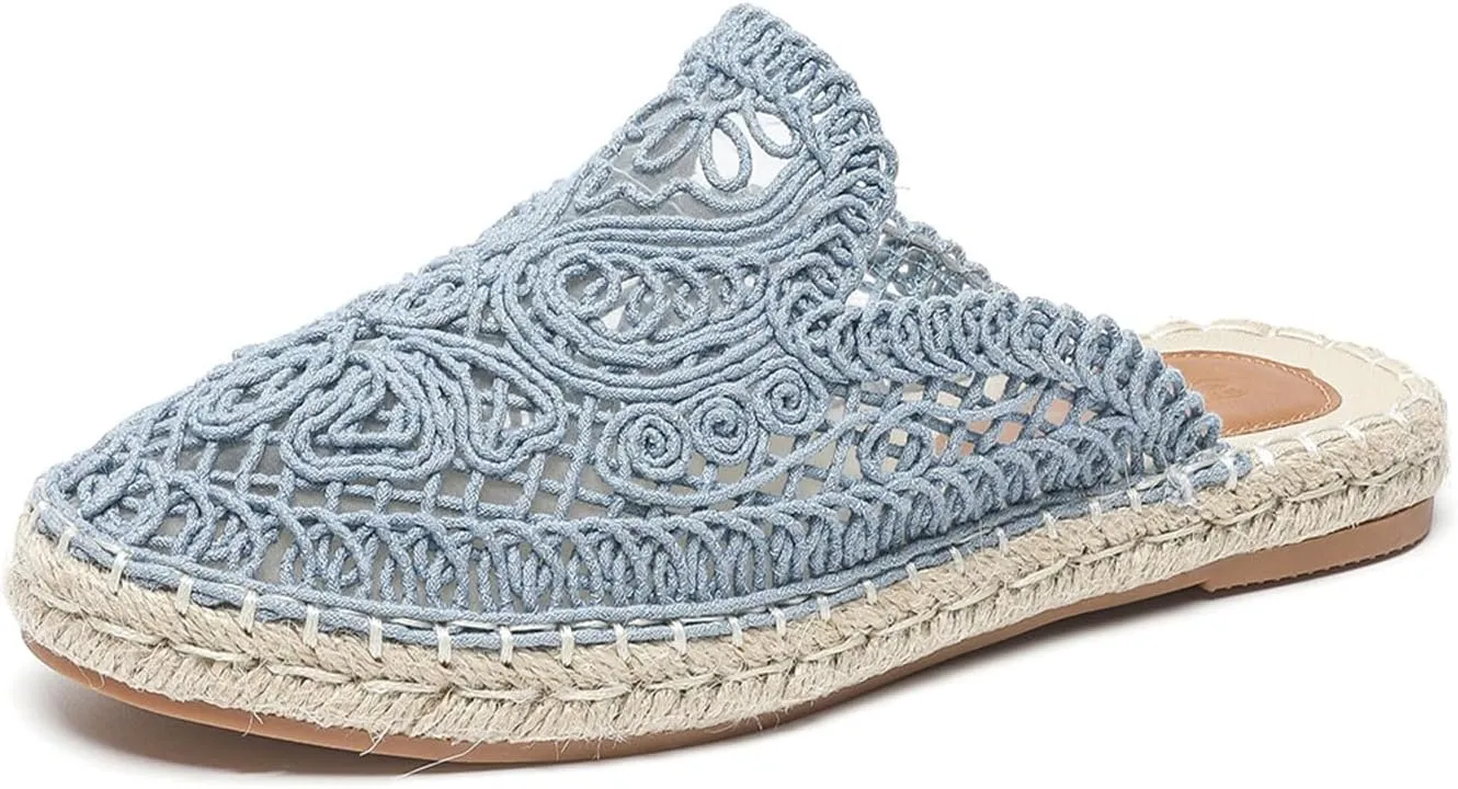 Women's Knit Round Toe Handmade Flat Mules Comfort Cutout Non Slip Slip-On Sandals Fashion Summer Outdoor Daily Casual Shoes