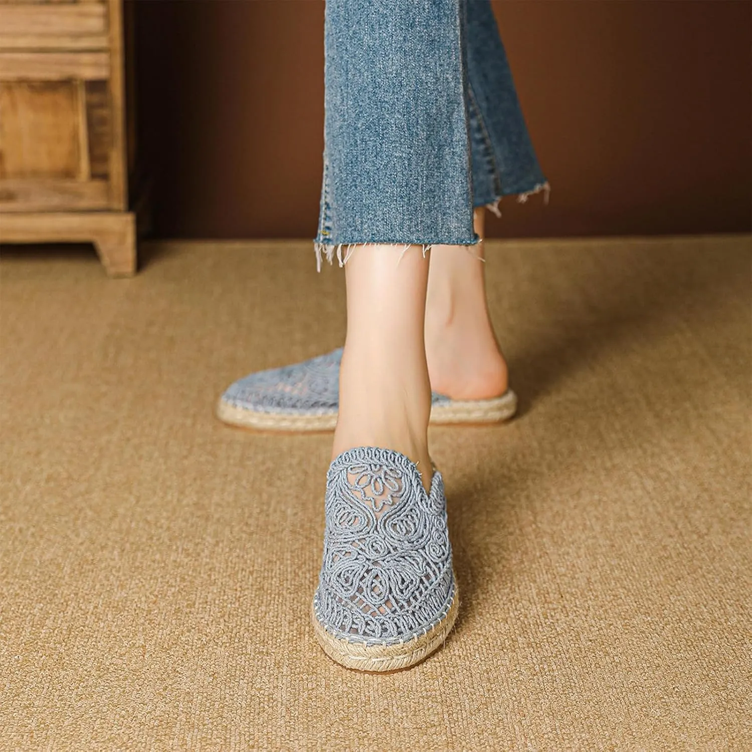Women's Knit Round Toe Handmade Flat Mules Comfort Cutout Non Slip Slip-On Sandals Fashion Summer Outdoor Daily Casual Shoes