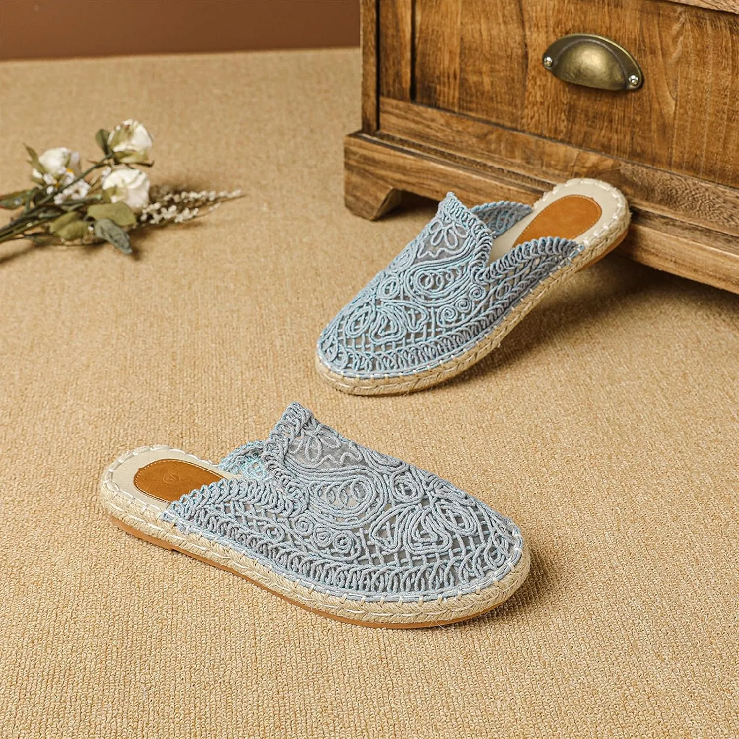 Women's Knit Round Toe Handmade Flat Mules Comfort Cutout Non Slip Slip-On Sandals Fashion Summer Outdoor Daily Casual Shoes