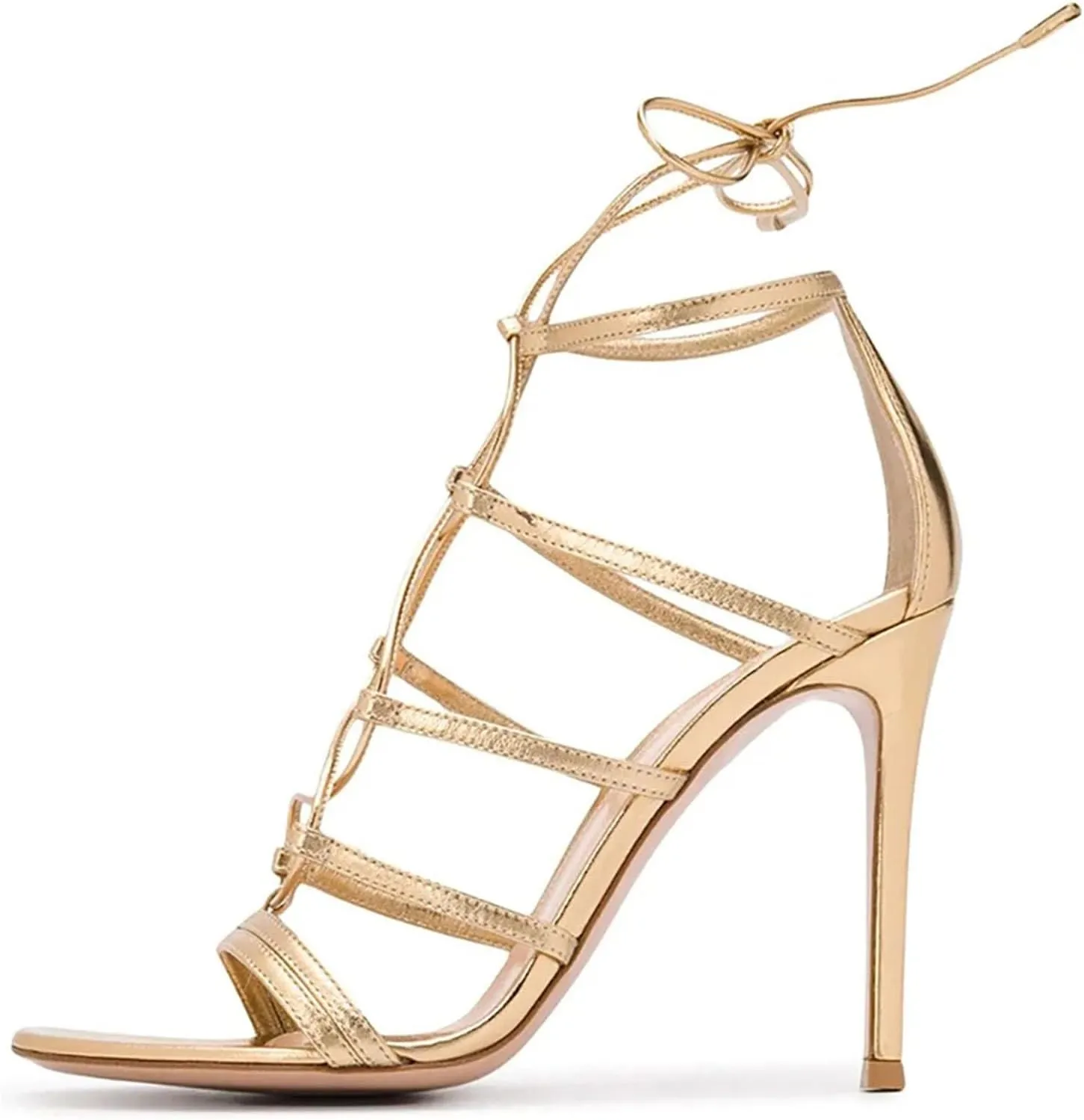 Women's Lace-Up Cross Strap Sandals, Gold Stiletto Party Heels