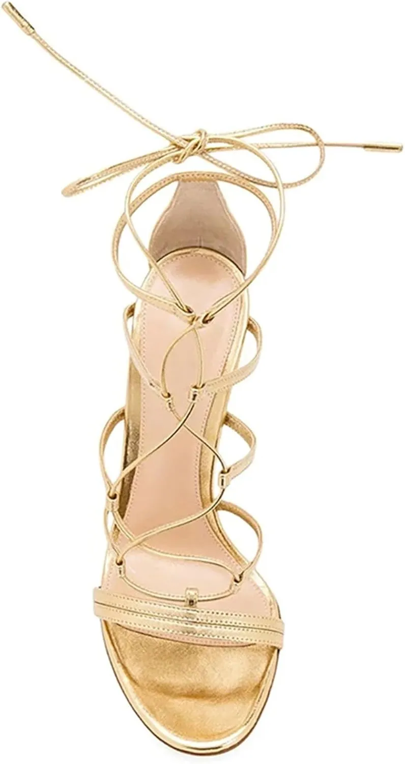 Women's Lace-Up Cross Strap Sandals, Gold Stiletto Party Heels