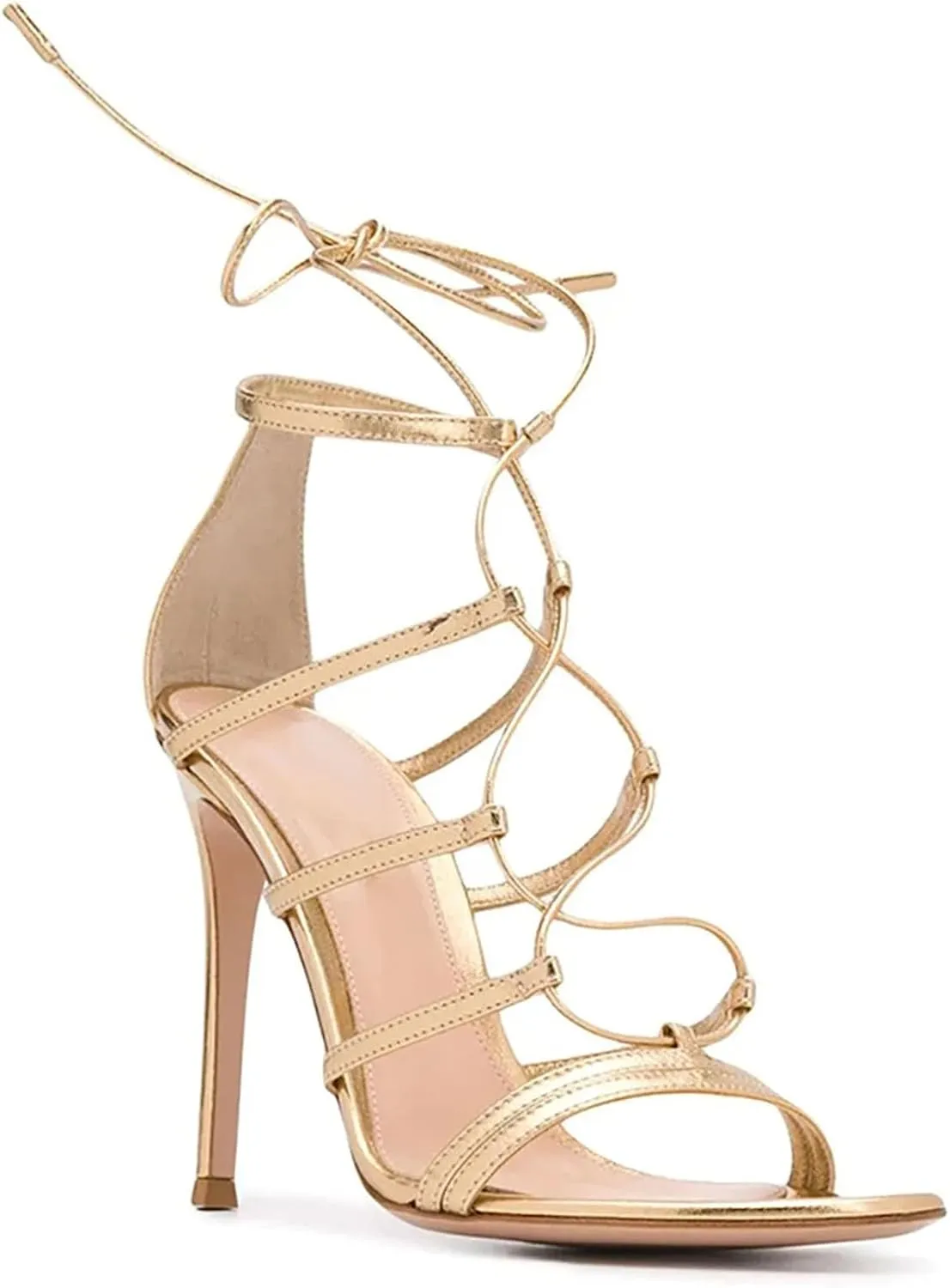 Women's Lace-Up Cross Strap Sandals, Gold Stiletto Party Heels