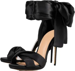 Women's Lace-Up Stiletto Sandals, Black Red Satin Evening Wedding Party Heels