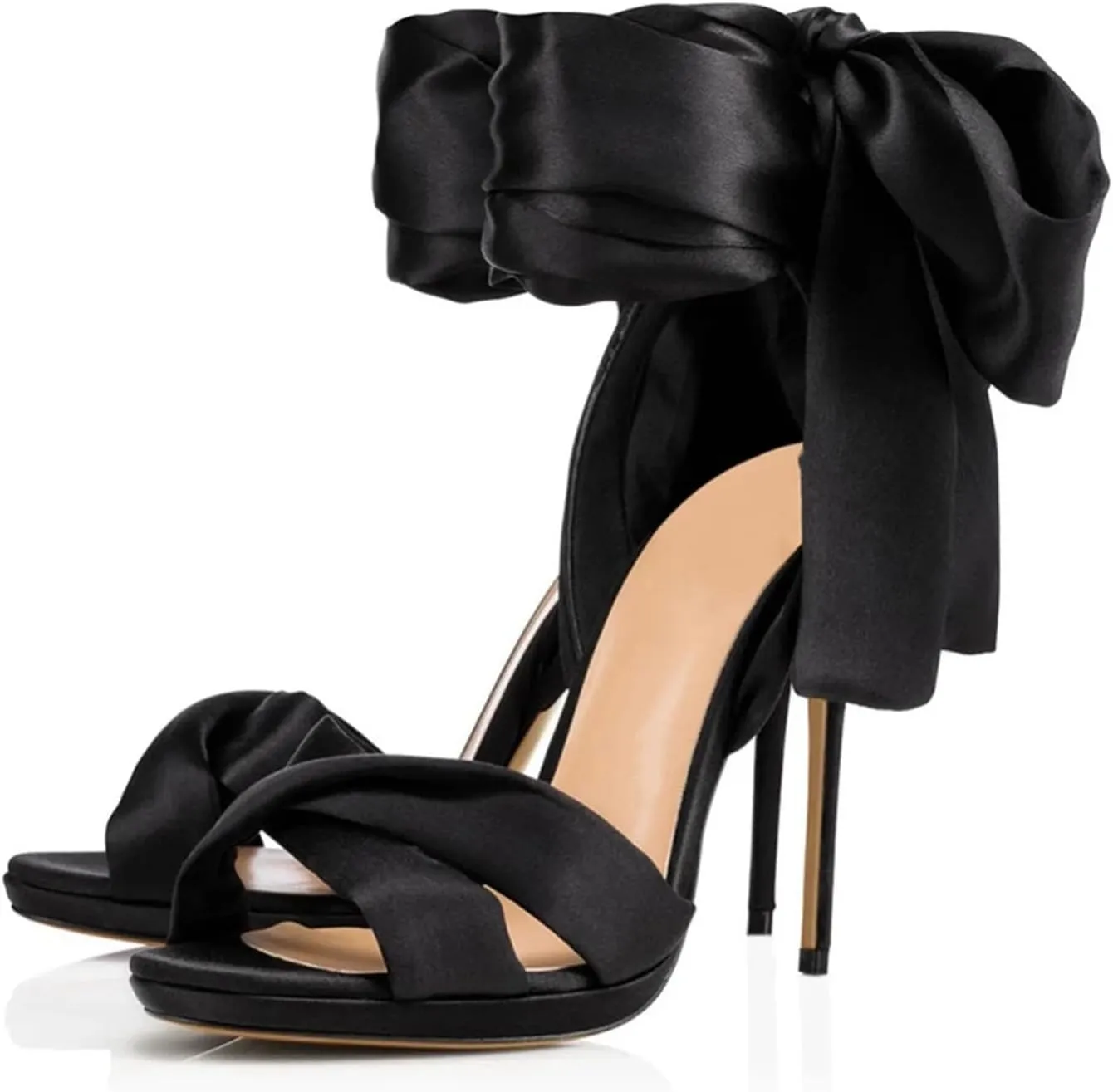 Women's Lace-Up Stiletto Sandals, Black Red Satin Evening Wedding Party Heels