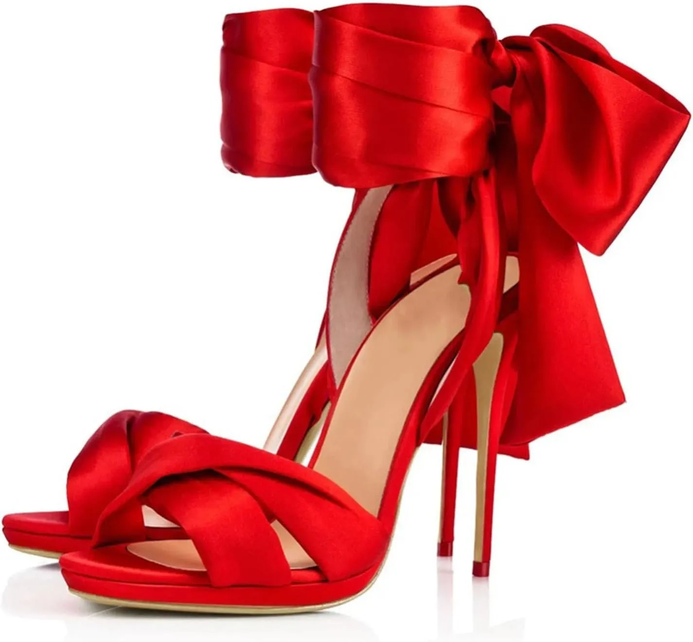 Women's Lace-Up Stiletto Sandals, Black Red Satin Evening Wedding Party Heels
