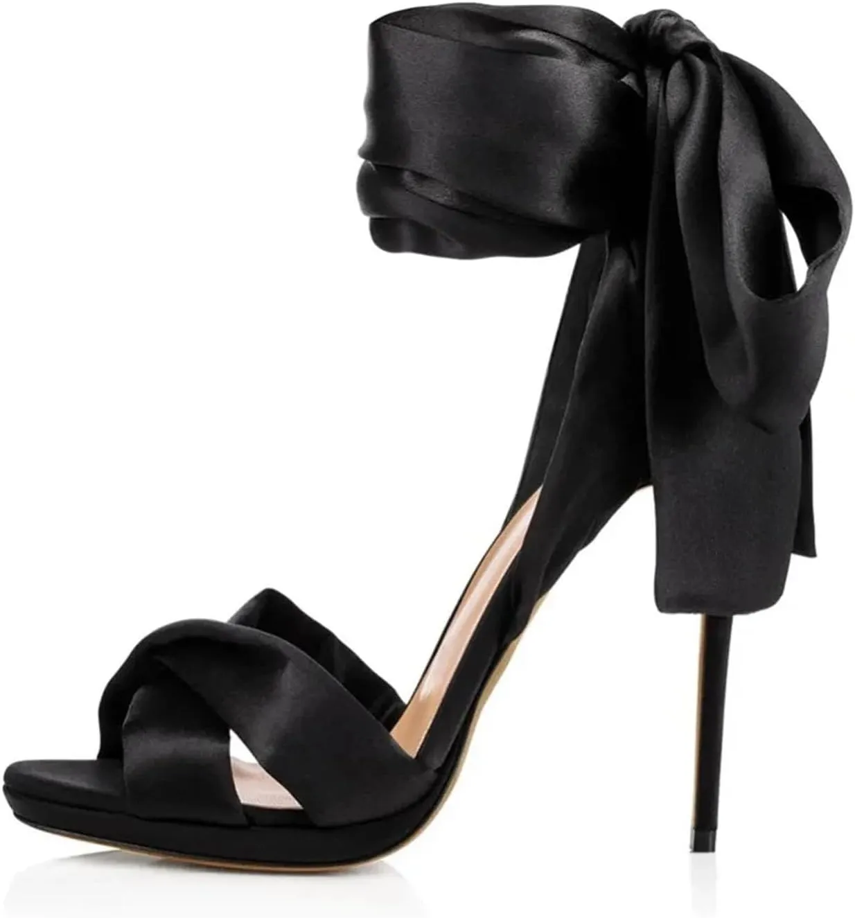Women's Lace-Up Stiletto Sandals, Black Red Satin Evening Wedding Party Heels