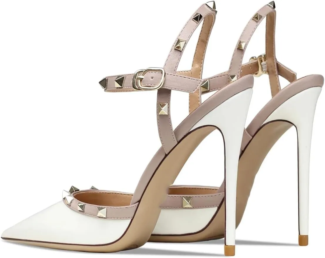 Women's Leather Ankle Sandals, Rivet Heels Summer Casual