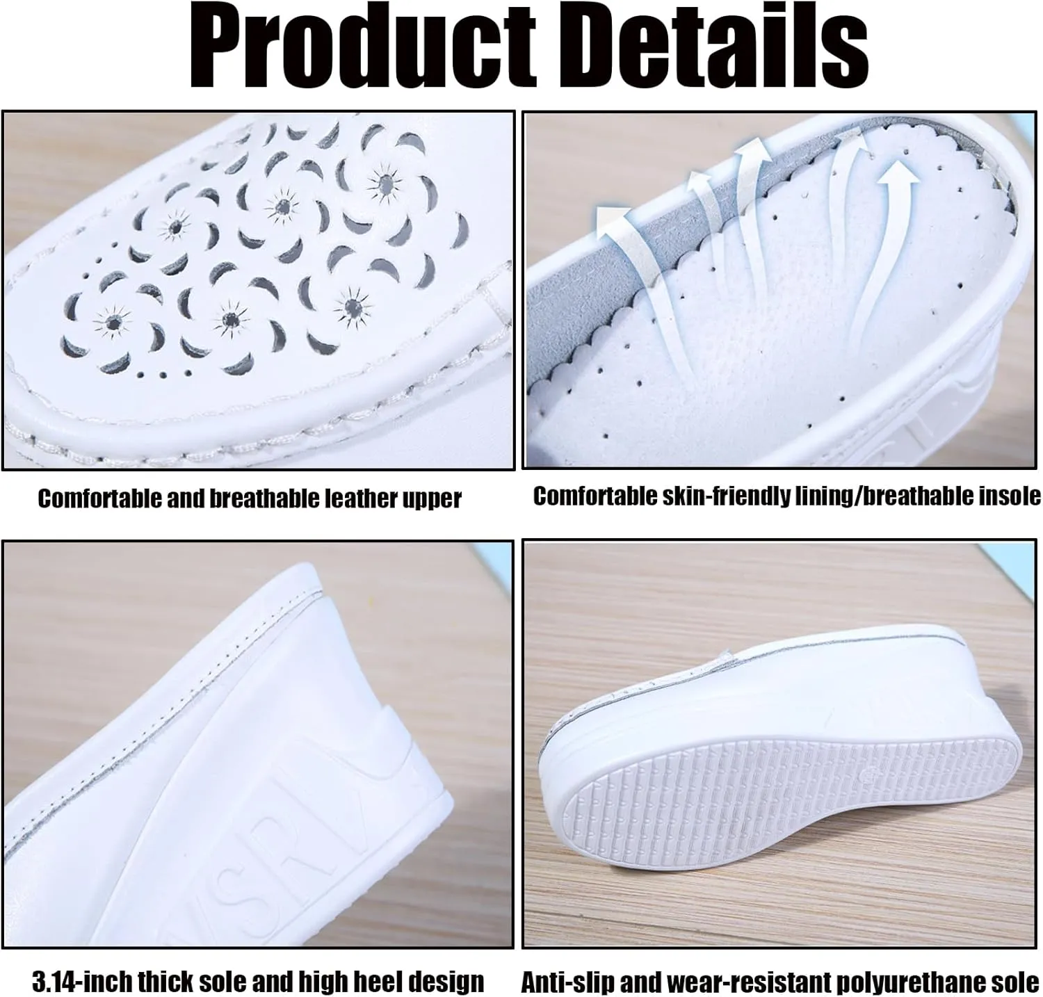 Women's Leather Hollow Platform Increase Height Mules,Comfortable Slip On Elegant Wedge Walking Sandals Closed Toe Backless Fashion Casual Breathable Beach Slippers