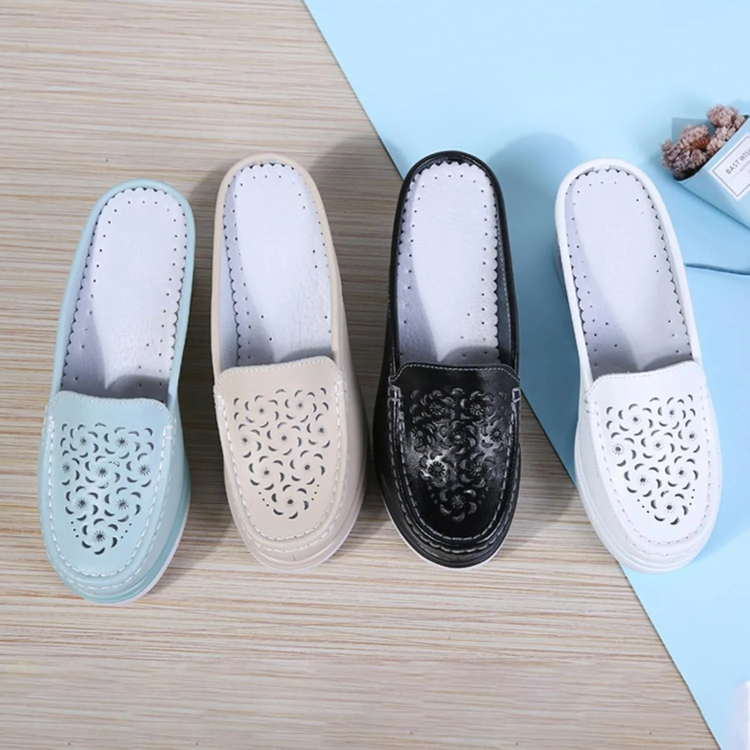 Women's Leather Hollow Platform Increase Height Mules,Comfortable Slip On Elegant Wedge Walking Sandals Closed Toe Backless Fashion Casual Breathable Beach Slippers
