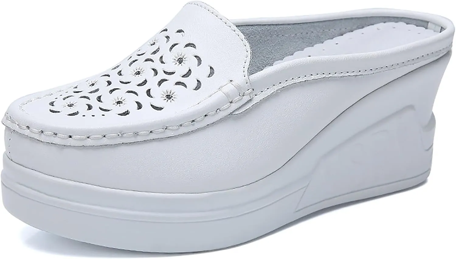 Women's Leather Hollow Platform Increase Height Mules,Comfortable Slip On Elegant Wedge Walking Sandals Closed Toe Backless Fashion Casual Breathable Beach Slippers