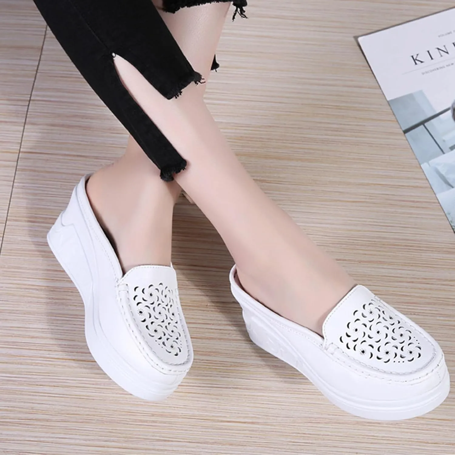 Women's Leather Hollow Platform Increase Height Mules,Comfortable Slip On Elegant Wedge Walking Sandals Closed Toe Backless Fashion Casual Breathable Beach Slippers