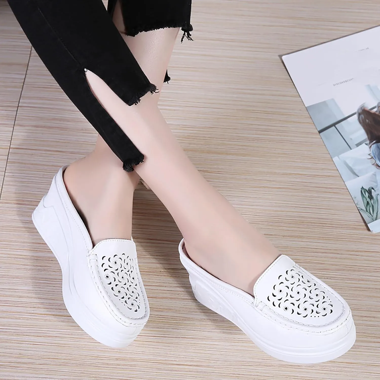 Women's Leather Hollow Platform Increase Height Mules,Comfortable Slip On Elegant Wedge Walking Sandals Closed Toe Backless Fashion Casual Breathable Beach Slippers