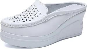 Women's Leather Hollow Platform Increase Height Mules,Comfortable Slip On Elegant Wedge Walking Sandals Closed Toe Backless Fashion Casual Breathable Beach Slippers
