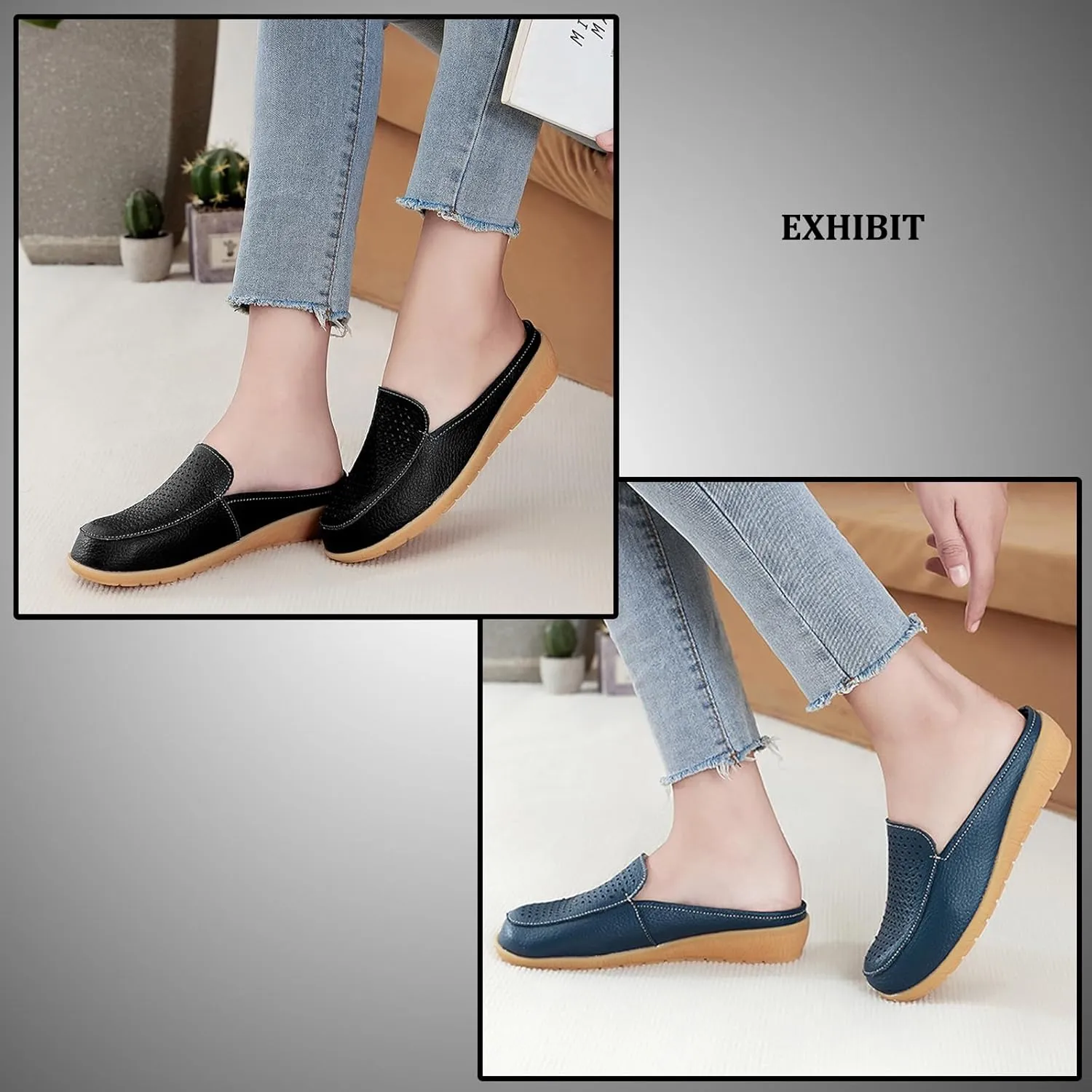 Womens Leather Hollow Slip-On Lightweight Flat Mules Closed Round Toe Comfortable Soft Non-Slip Backless Casual Penny Shoes for Daily Walking Outdoor