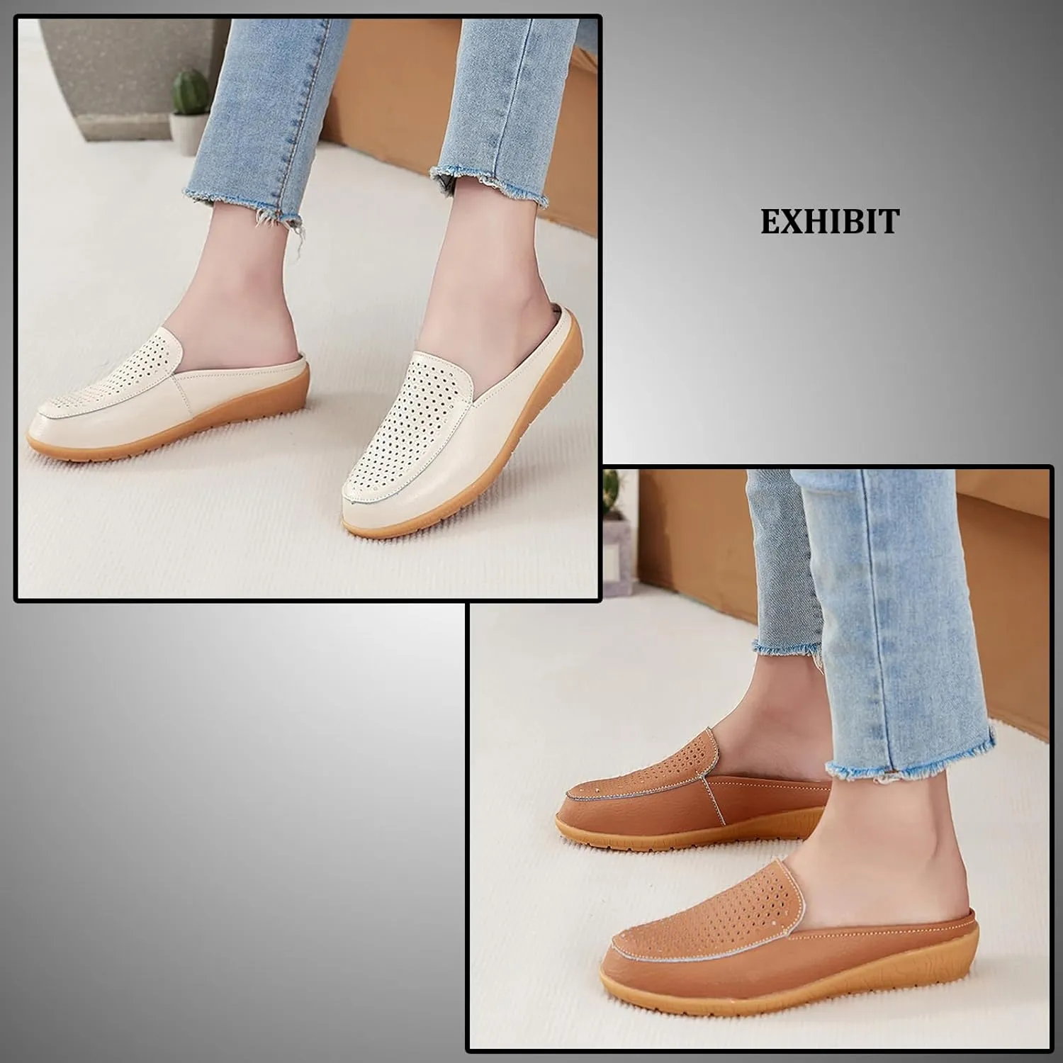 Womens Leather Hollow Slip-On Lightweight Flat Mules Closed Round Toe Comfortable Soft Non-Slip Backless Casual Penny Shoes for Daily Walking Outdoor