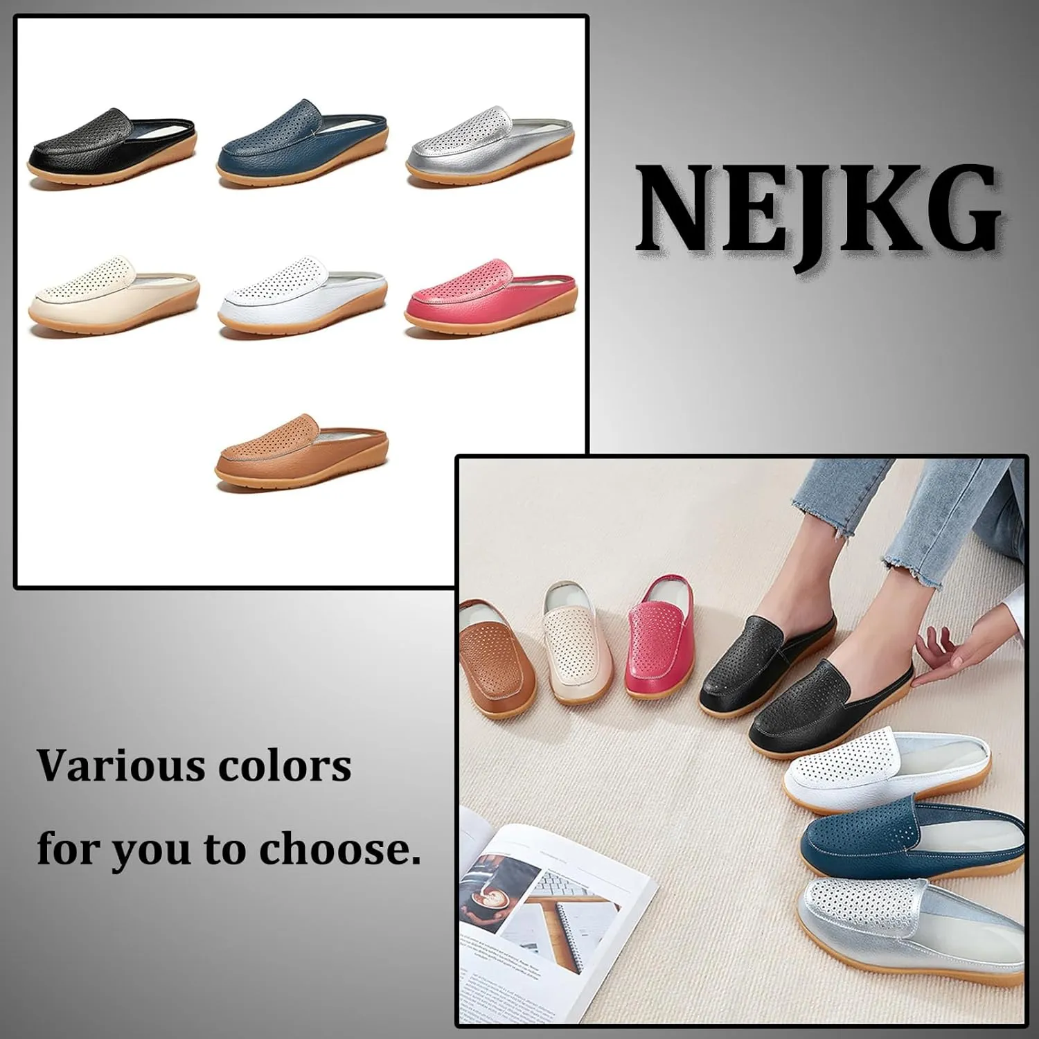 Womens Leather Hollow Slip-On Lightweight Flat Mules Closed Round Toe Comfortable Soft Non-Slip Backless Casual Penny Shoes for Daily Walking Outdoor