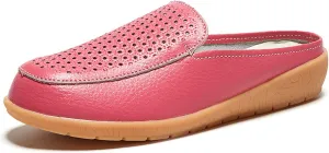 Womens Leather Hollow Slip-On Lightweight Flat Mules Closed Round Toe Comfortable Soft Non-Slip Backless Casual Penny Shoes for Daily Walking Outdoor