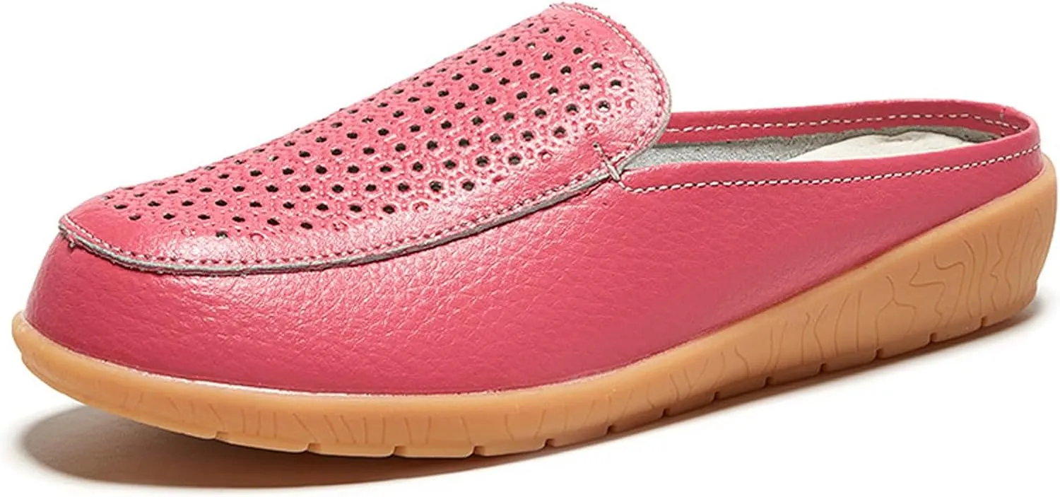 Womens Leather Hollow Slip-On Lightweight Flat Mules Closed Round Toe Comfortable Soft Non-Slip Backless Casual Penny Shoes for Daily Walking Outdoor