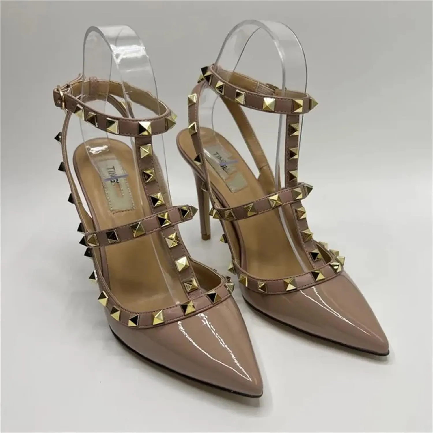 Women's Leather Rivet Pumps, Black Slim Stiletto Wedding Party Heels