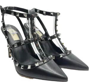 Women's Leather Rivet Pumps, Black Slim Stiletto Wedding Party Heels