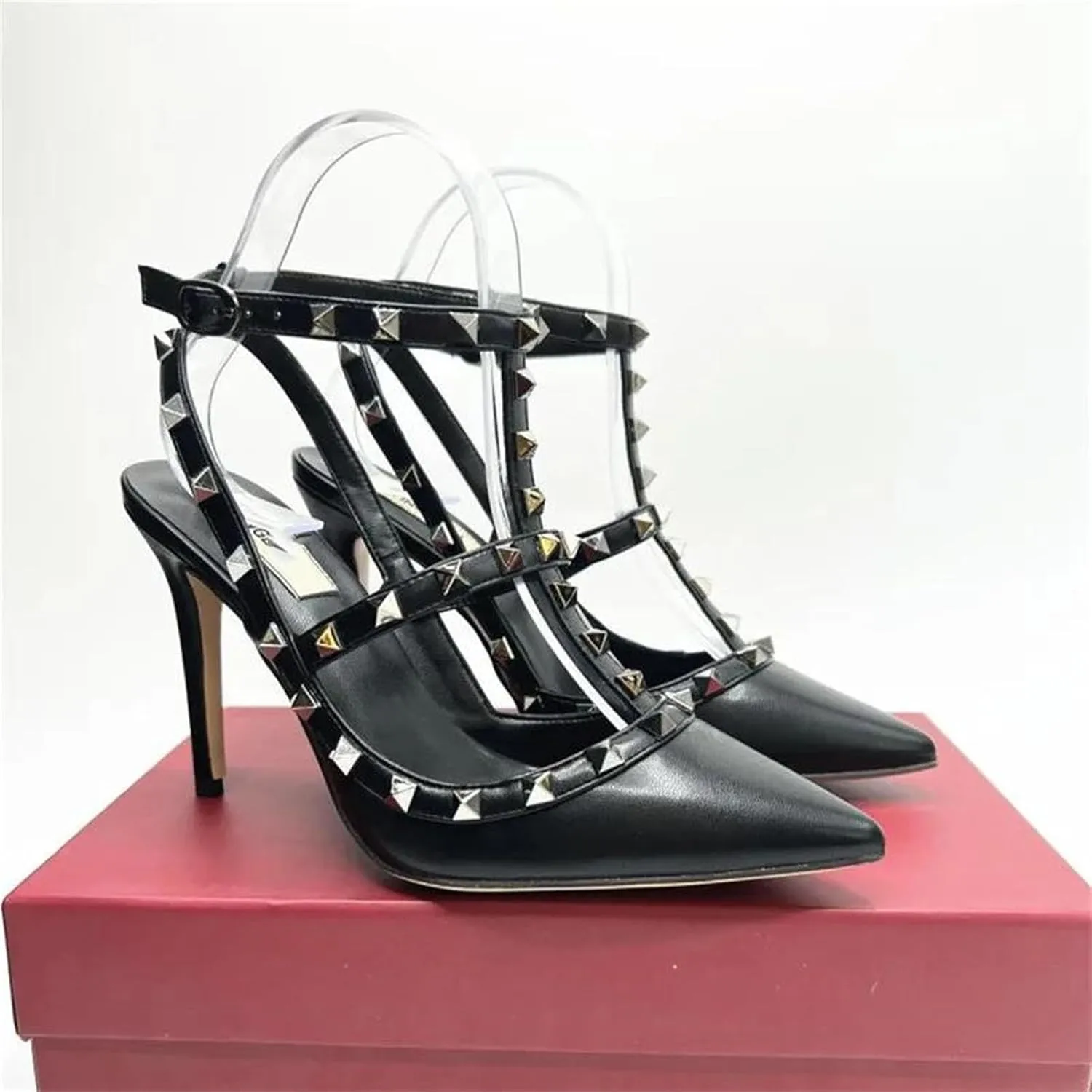 Women's Leather Rivet Pumps, Black Slim Stiletto Wedding Party Heels