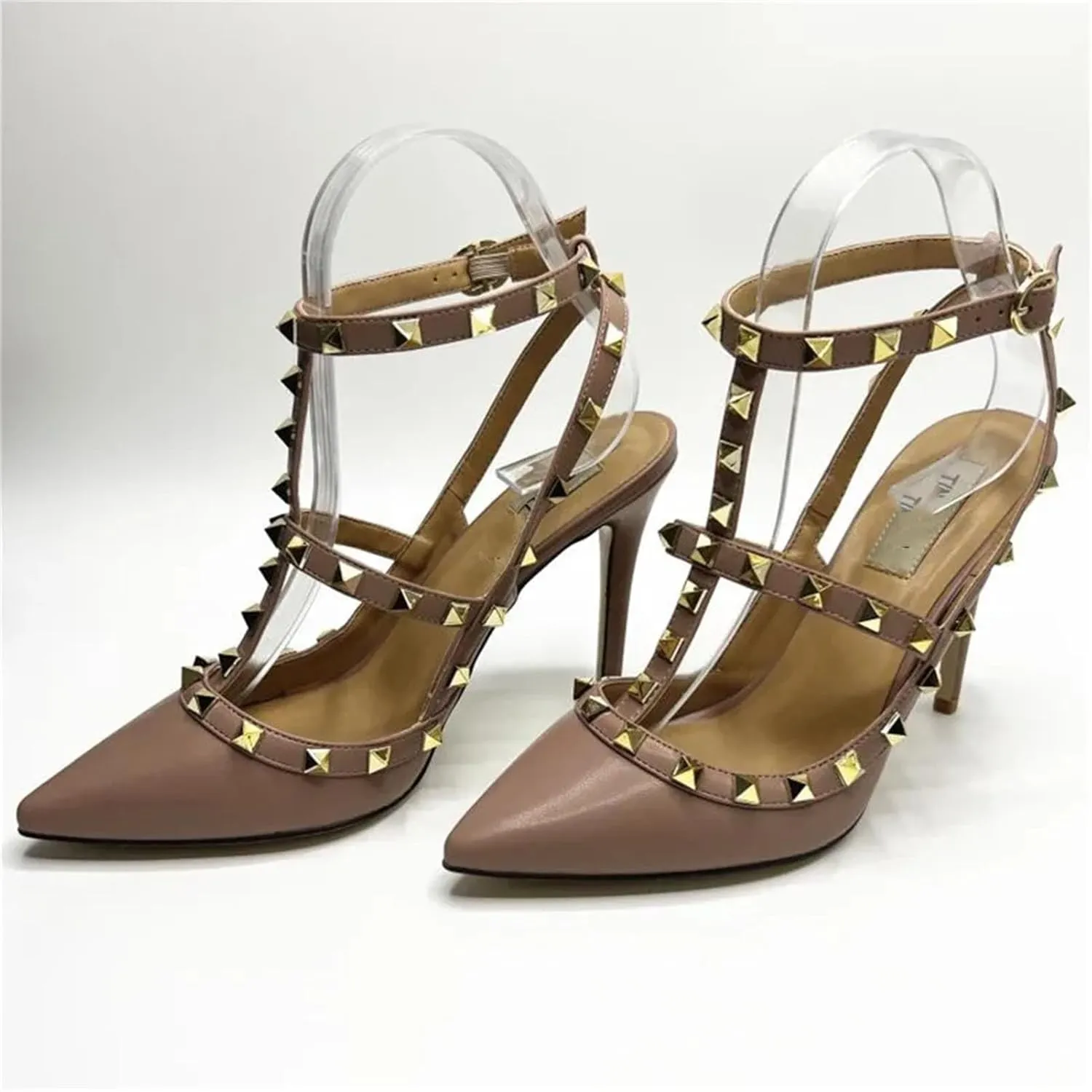 Women's Leather Rivet Pumps, Black Slim Stiletto Wedding Party Heels