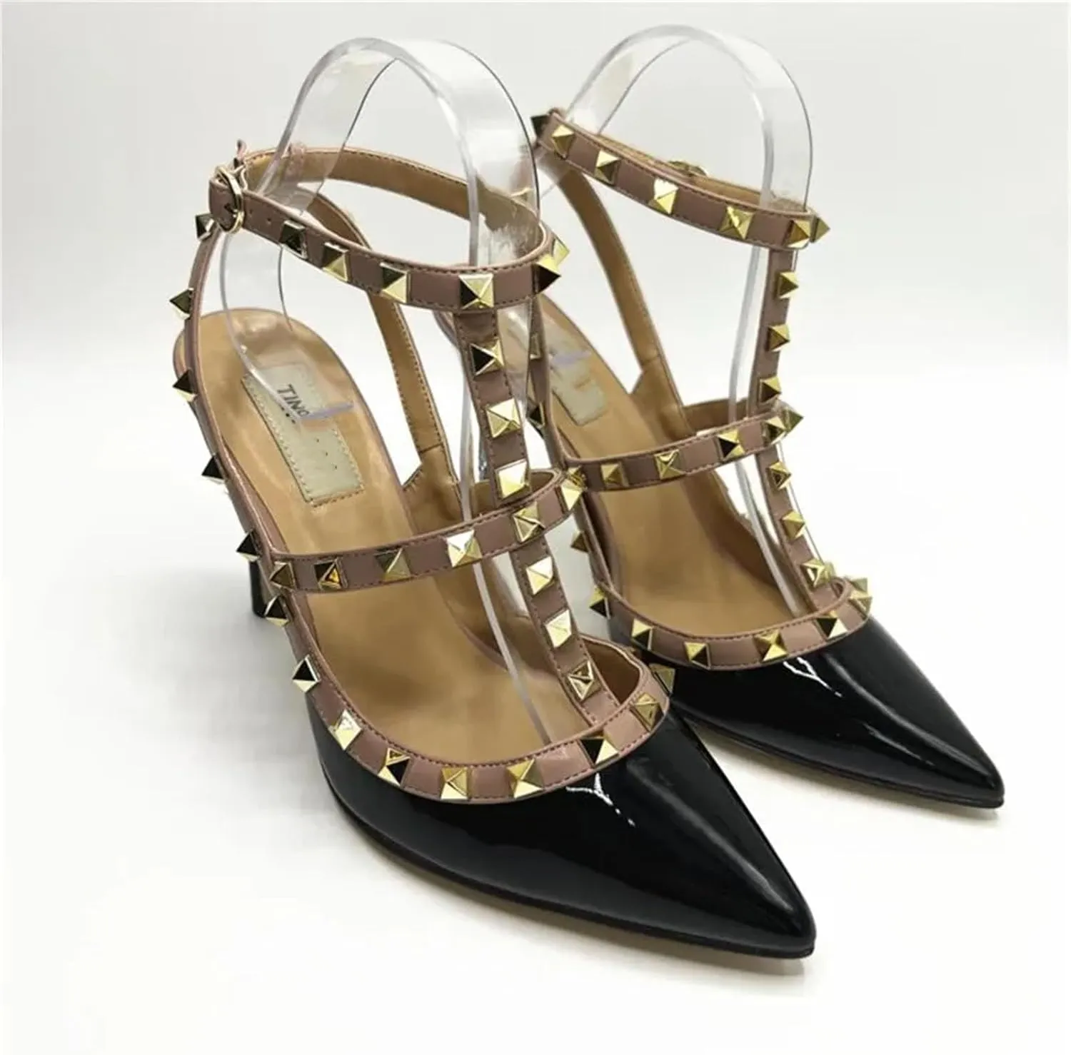 Women's Leather Rivet Pumps, Black Slim Stiletto Wedding Party Heels