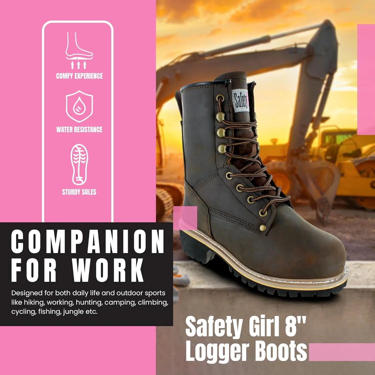 Women's Logger Boots - 8.5M | Construction for Women with Steel Toe, Water-Resistant Full-Grain Leather, Cushioned Insole, Goodyear Welt Outsole | 8" Logger Work - Dark Brown