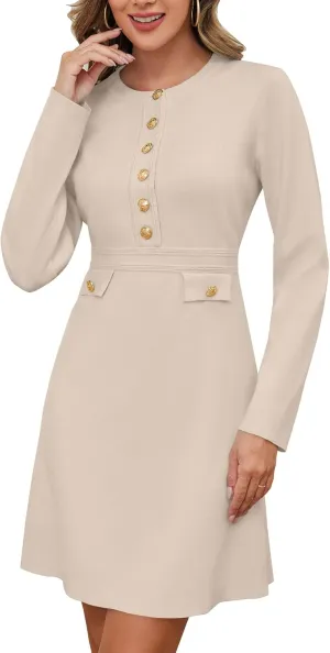 Women's Long Sleeve Sweater Dress Crewneck Button Elegant Bodycon Formal Party Mini Dress