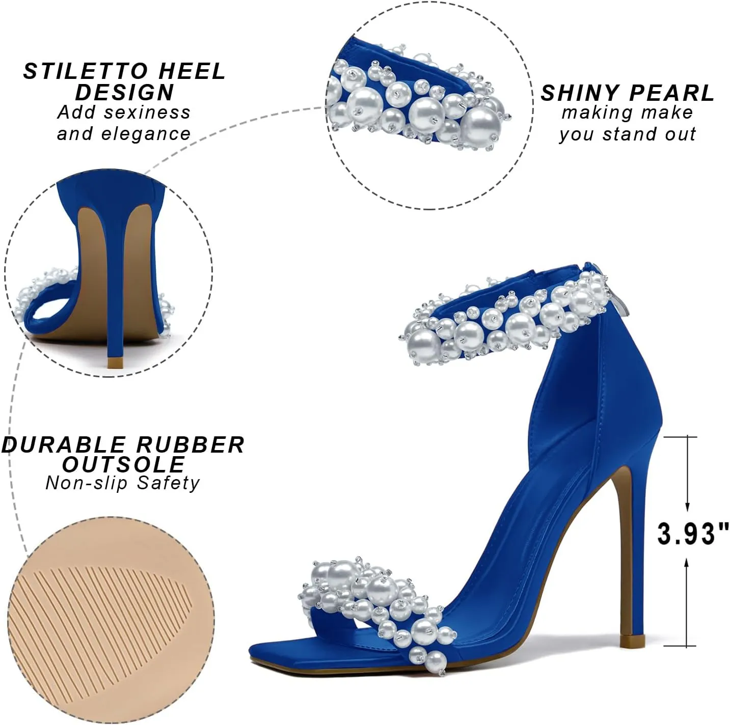 Women's Pearl Stiletto Heels Open Square Toe sparkly heels Ankle Back Zipper bridal heels Satin Wedding Sexy prom heels Party Dressy Shoes